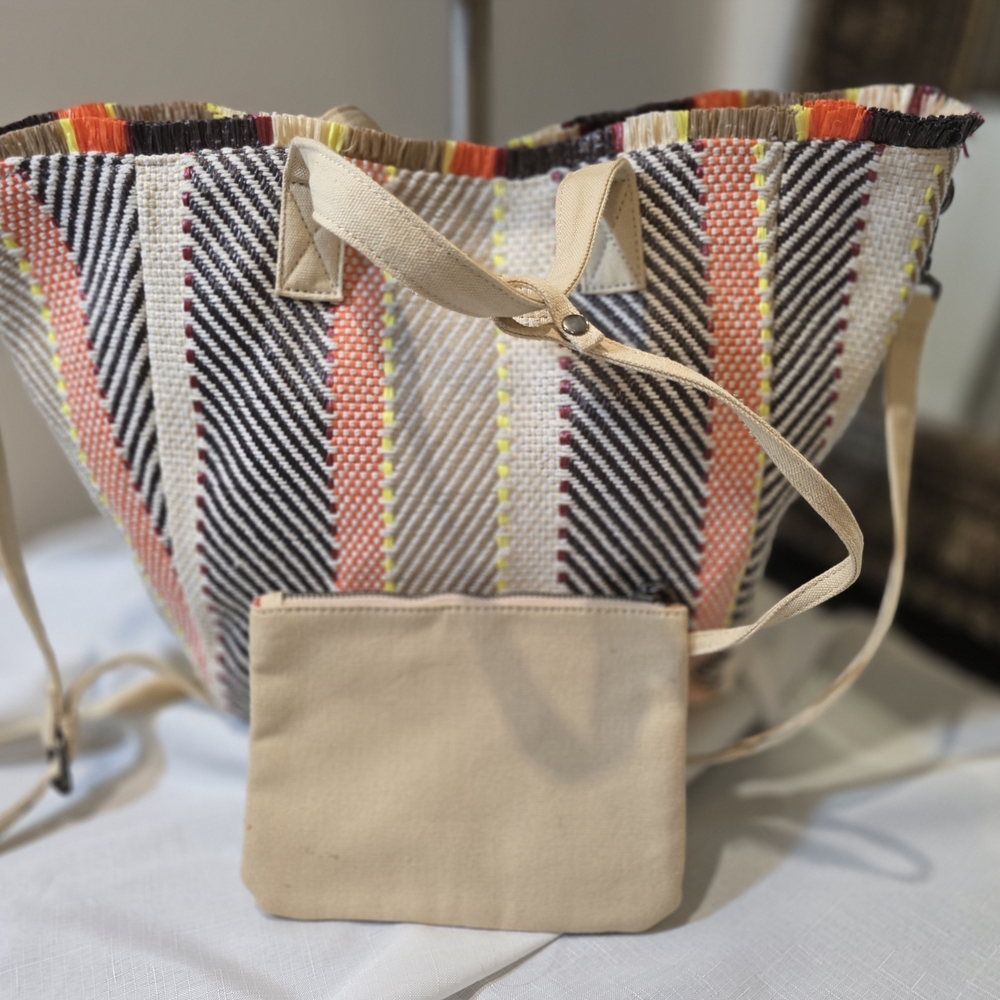 Steve Madden "Brumi" Vibrant Striped Woven Tote with Pouch.